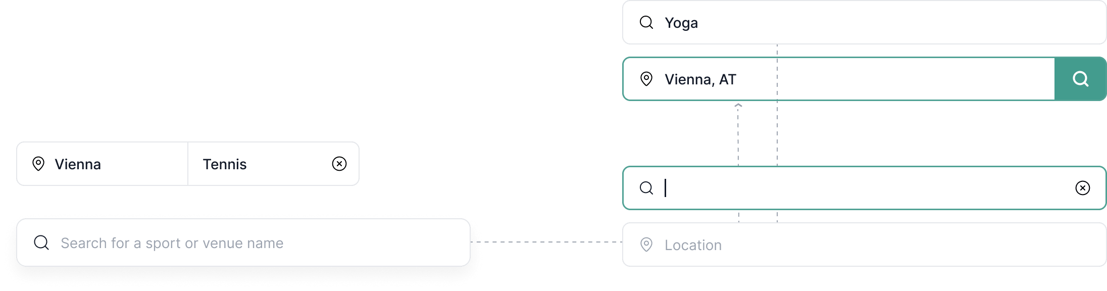 Mobile search bar before and after: horizontal two-section bar becomes vertical expandable location and sport fields
